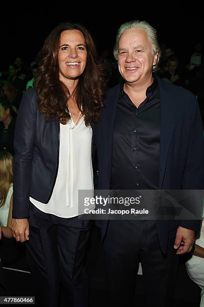 Roberta Armani and Tim Robbins attend the Emporio Armani fashion show during the Milan Men's Fashion Week Spring/Summer 2016 on June 20, 2015 in...