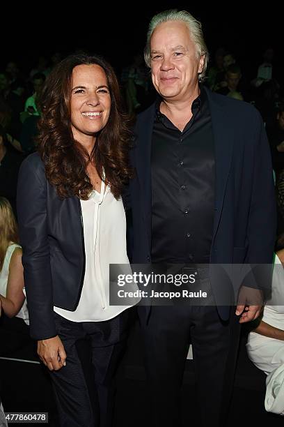 Roberta Armani and Tim Robbins attend the Emporio Armani fashion show during the Milan Men's Fashion Week Spring/Summer 2016 on June 20, 2015 in...