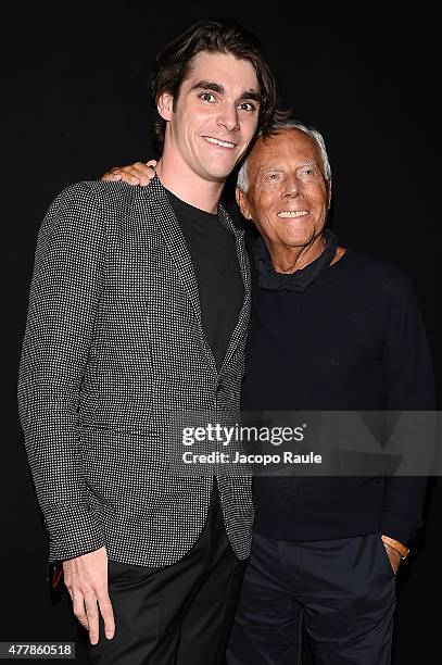 Actor RJ Mitte and Fashion Designer Giorgio Armani attend the Emporio Armani fashion show during the Milan Men's Fashion Week Spring/Summer 2016 on...