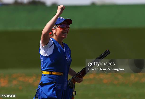 Amber Hill of Great Britain celebrates winning the gold medal during the Women's Skeet shooting final during day eight of the Baku 2015 European...