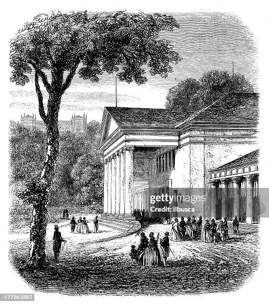 antique illustration of kursaal in wiesbaden - kursaal amusement park stock illustrations