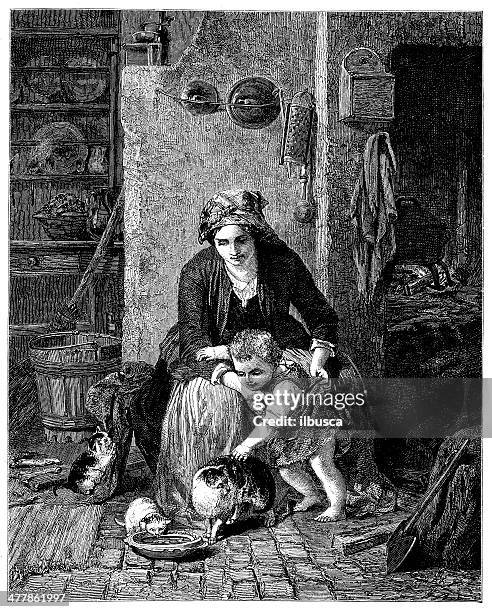 antique illustration of young mother with child and cats - teenage pregnancy stock illustrations