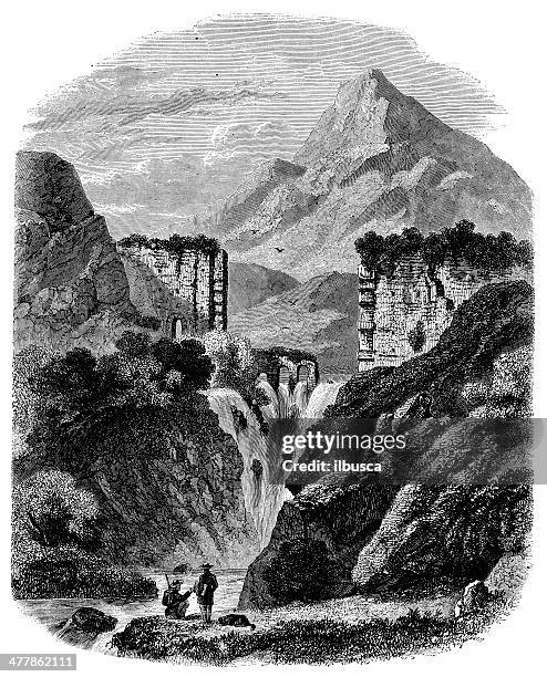 Antique Illustration Of Cause River Waterfall In Aix High-Res Vector Graphic