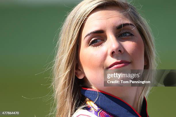 Gold medalist Amber Hill of Great Britain poses with the medal won in during the Women's Skeet shooting final during day eight of the Baku 2015...