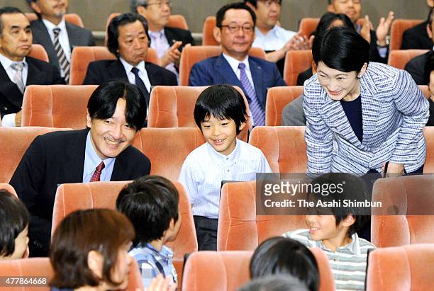 Prince Akishino, Prince Hisahito and Princess Kiko of Akishino are seen before an insect documentary movie 'Ari-no-mama-de-itai' special screening at...