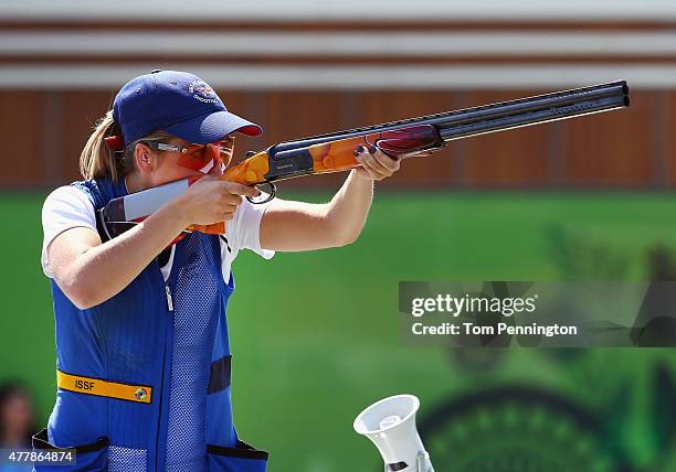 Amber Hill of Great Britain competes during the Women's Skeet shooting fina during day eight of the Baku 2015 European Games at the Baku Shooting...