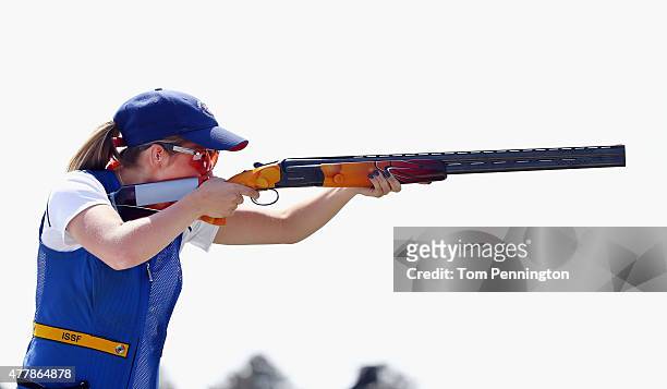 Amber Hill of Great Britain competes during the Women's Skeet shooting fina during day eight of the Baku 2015 European Games at the Baku Shooting...