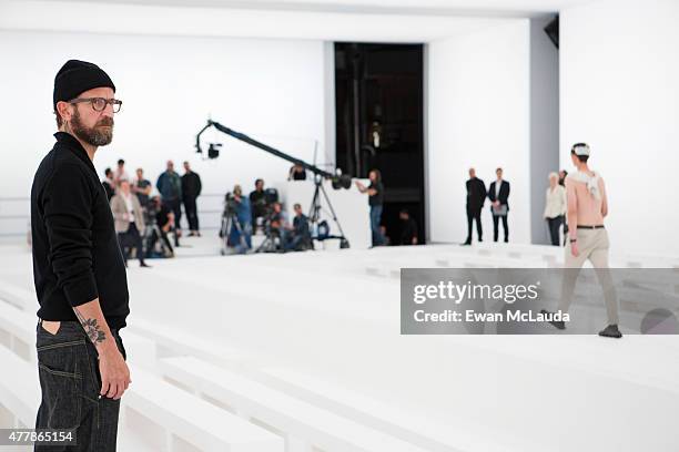 Designer Stefano Pilati is seen backstage ahead of the Ermenegildo Zegna show during the Milan Men's Fashion Week Spring/Summer 2016 on June 20, 2015...