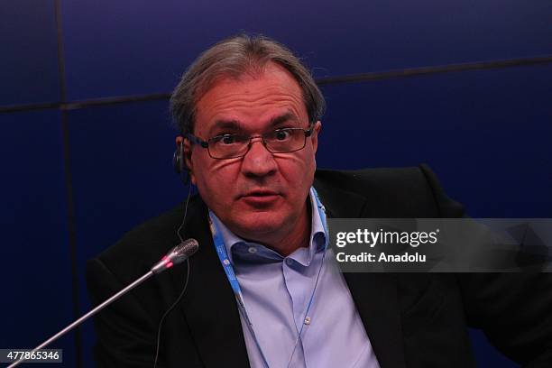 Valery Fadeev, General Director of Expert Media Holding, attends attends a press conference during St. Petersburg International Economic Forum at...