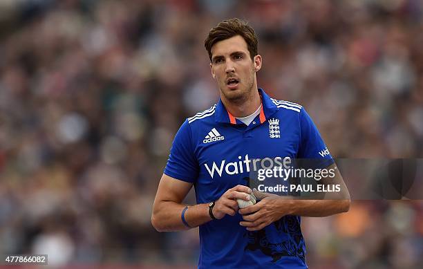 England's Steven Finn prepares to bowl during the fifth one day international cricket match between England and New Zealand at The Emirates ICG in...