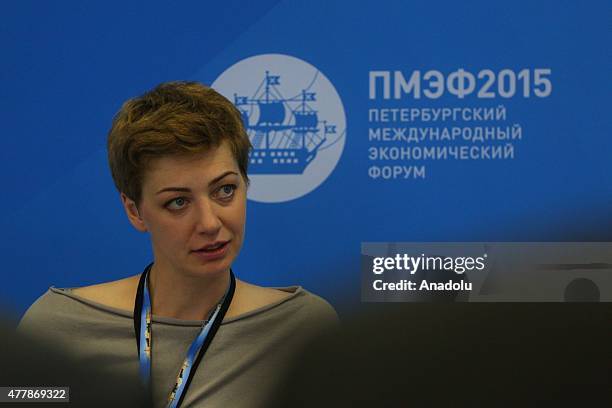 Elizaveta Osetinskaya, Project Editor in Chief of RBC, attends a press conference during St. Petersburg International Economic Forum at Lenexpo...