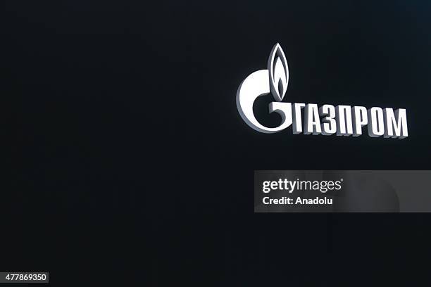 Gazprom Logo is seen during St. Petersburg International Economic Forum at Lenexpo center in Saint-Petersburg, Russia on May 18, 2015.