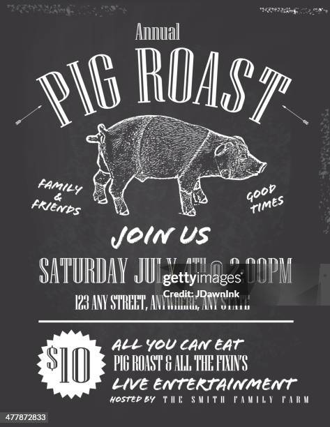 bbq picnic blackboard pig roast invitation design template - roasted stock illustrations