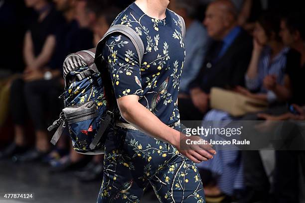 Model walks the runway, bagpack detail, during the Dolce & Gabbana fashion show as part of Milan Men's Fashion Week Spring/Summer 2016 on June 20,...