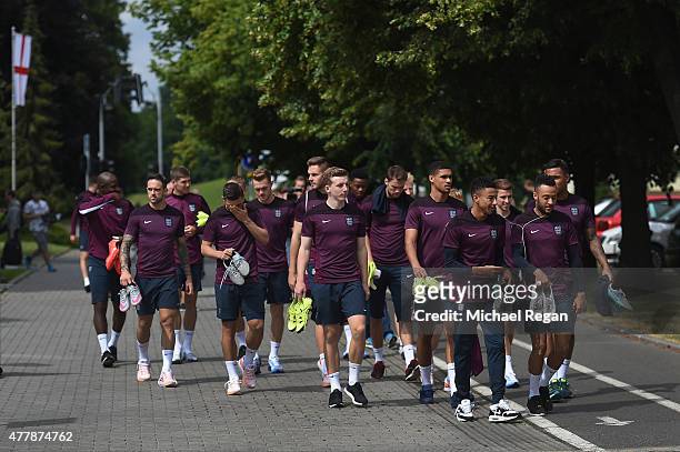 The squad walk to the England U21 training session and press conference on June 20, 2015 in Olomouc, Czech Republic.