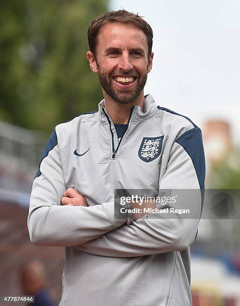 England manager Gareth Southgate looks on during the England U21 training session and press conference on June 20, 2015 in Olomouc, Czech Republic.