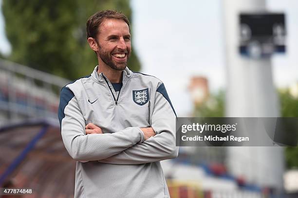 England manager Gareth Southgate looks on during the England U21 training session and press conference on June 20, 2015 in Olomouc, Czech Republic.