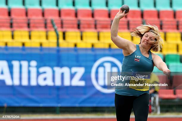 Ingrida Priede of Latvia competes in the shot put finale during the IPC Athletics Grand Prix Berlin 2015 at Friedrich-Ludwig-Jahn-Sportpark on June...