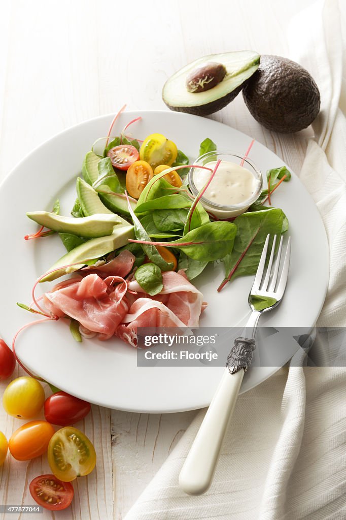 Salads: Salad with Smoked Ham, Avocado, Cherry Tomato and