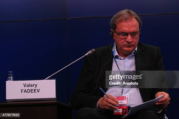 Valery Fadeev, General Director of Expert Media Holding, attends attends a press conference during St. Petersburg International Economic Forum at...