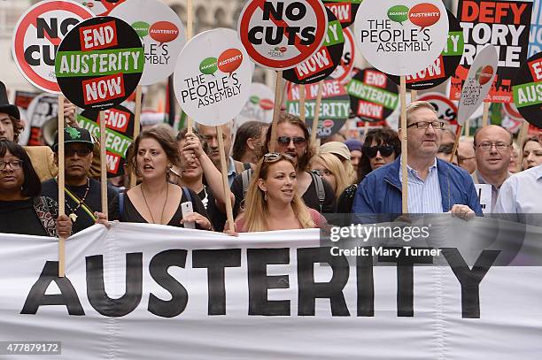 Singer Charlotte Church joins protesters in central London demonstrating against austerity and spending cuts on June 20, 2015 in London, England....