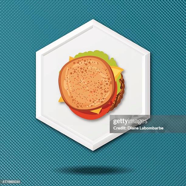 ilustraciones, imágenes clip art, dibujos animados e iconos de stock de blanco 3d icono hexagonal sobre un fondo azul crosshatch - sombra paralela