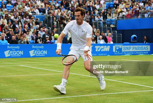 Andy Murray of Great Britain volleys in his men's singles semi-final match against Viktor Troicki of Serbia during day six of the Aegon Championships...