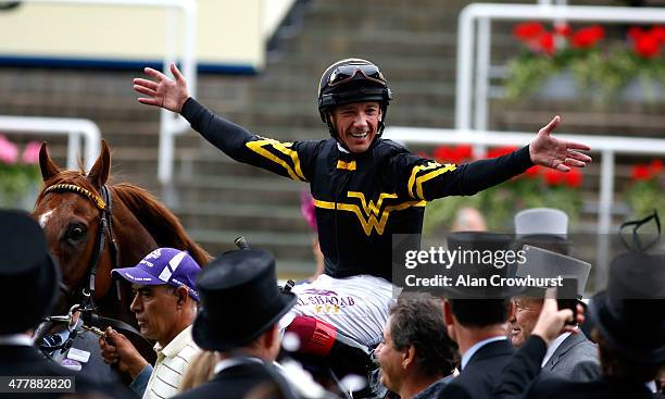 Frankie Dettori celebrates after winning the Diamond Jubilee Stakes riding Undrafted during day 5 of Royal Ascot 2015 at Ascot racecourse on June 20,...