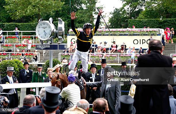 Frankie Dettori celebrates after winning the Diamond Jubilee Stakes riding Undrafted during day 5 of Royal Ascot 2015 at Ascot racecourse on June 20,...