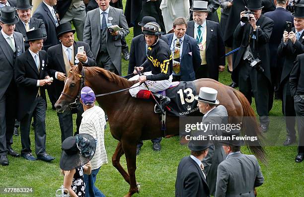 Frankie Dettori smiles after winning the Diamond Jubilee Stakes riding Undrafted during day 5 of Royal Ascot 2015 at Ascot racecourse on June 20,...