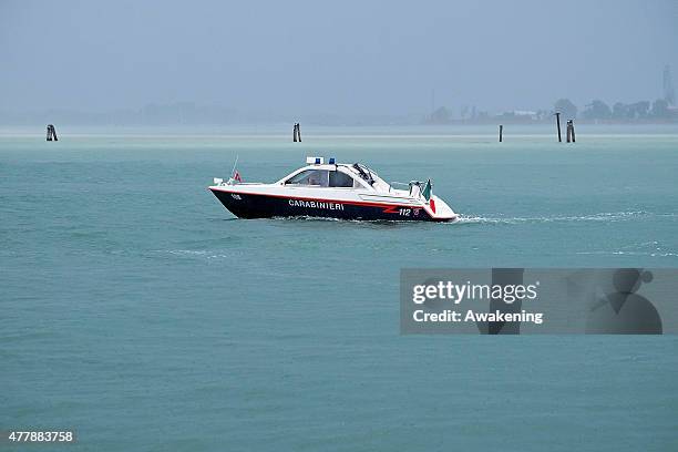 Carabinieri boat waits for the arrival of Michelle Obama on June 19, 2015 in Venice, Italy. Michelle Obama has travelled to Italy where she is...