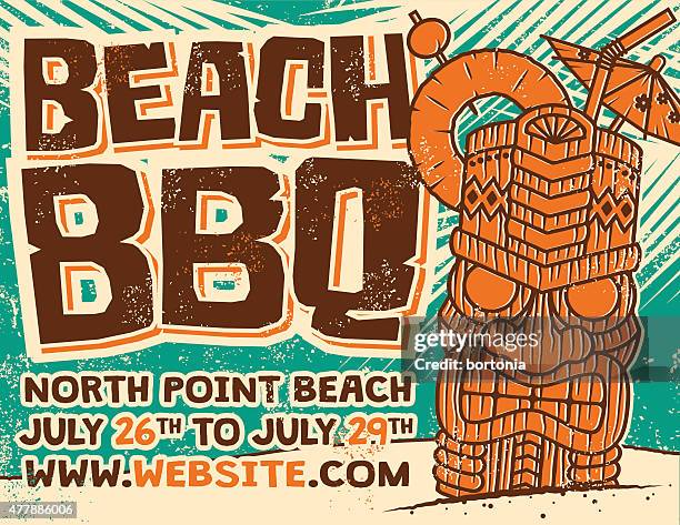 retro aloha beach bbq tiki screen printed poster - aloha stock illustrations