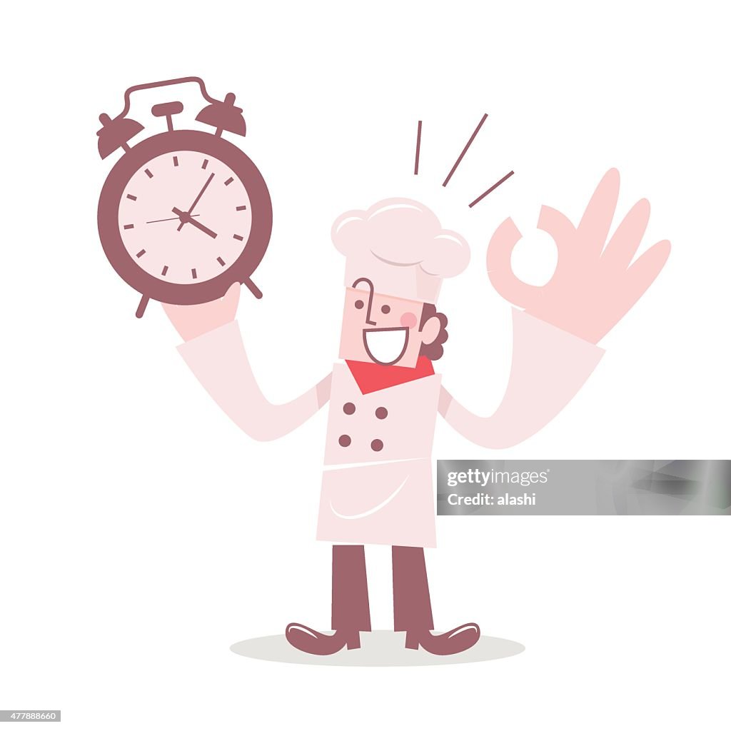 Chef holding a alarm clock and gesturing ok sign