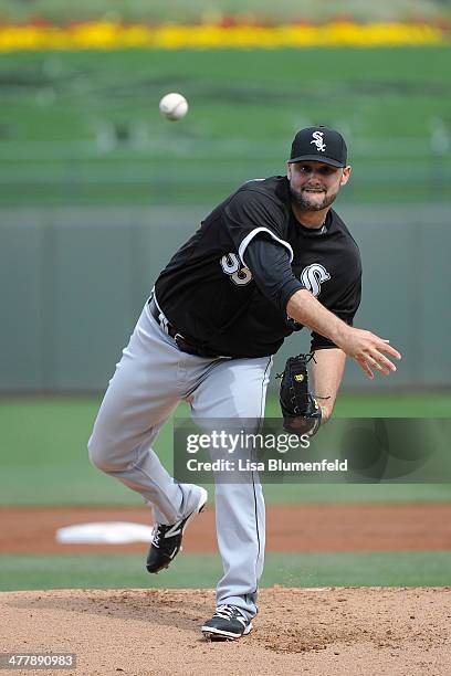 Felipe Paulino of the Chicago White Sox pitches against the Texas Rangers on March 2, 2014 in Surprise, Arizona.