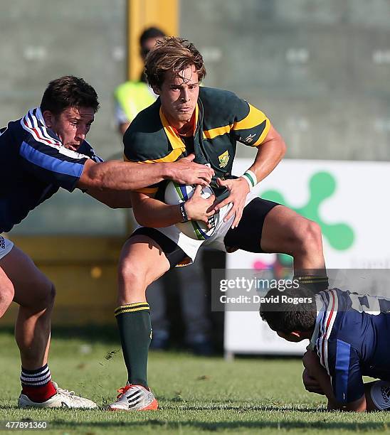 Ivan van Zyl of South Africa is held during the World Rugby U20 Championship 3rd Place Play-Off match between France and South Africa at Stadio...