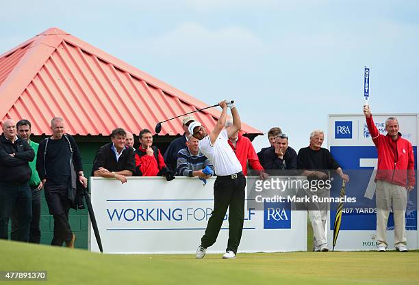 Romain Langasque of France watches on the 7th tee during day Six of the Amateur Championship 2015 at Carnoustie Golf Links on June 20, 2015 in...