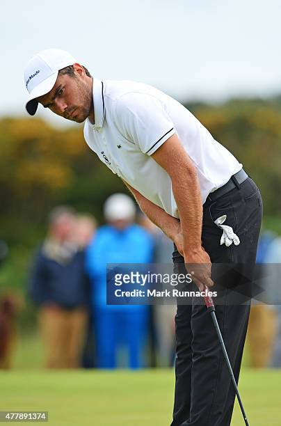 Romain Langasque of France reacts after missing a putt during day Six of the Amateur Championship 2015 at Carnoustie Golf Links on June 20, 2015 in...