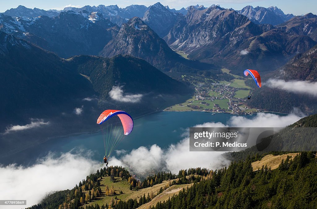 Paragliding over Lake Achensee in Rofan mountain