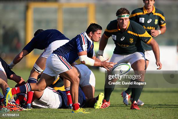 Gauthier Doubrere of France passes the ball during the World Rugby U20 Championship 3rd Place Play-Off match between France and South Africa at...