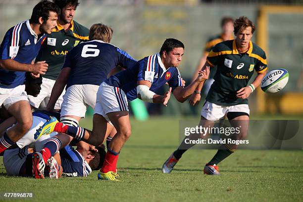 Gauthier Doubrere of France passes the ball during the World Rugby U20 Championship 3rd Place Play-Off match between France and South Africa at...