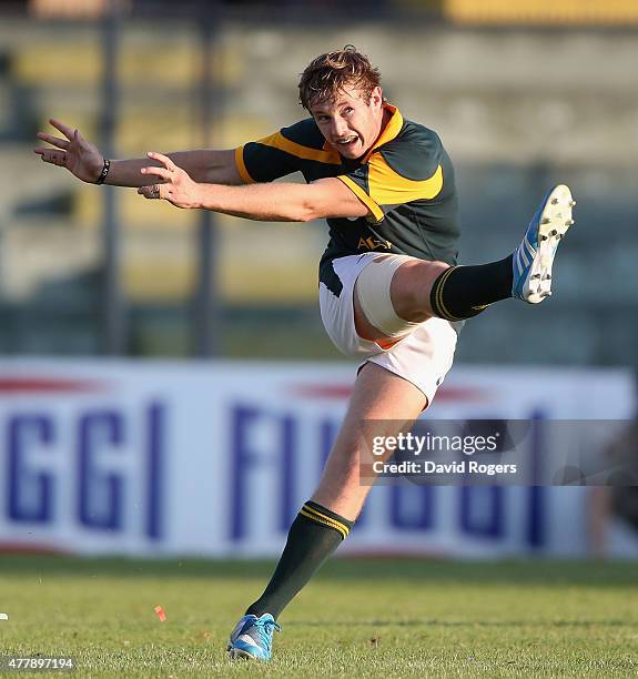 Brandon Thomson of South Africa takes a drop goal during the World Rugby U20 Championship 3rd Place Play-Off match between France and South Africa at...