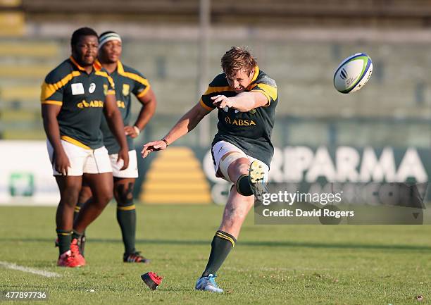 Brandon Thomson of South Africa kicks a penalty during the World Rugby U20 Championship 3rd Place Play-Off match between France and South Africa at...