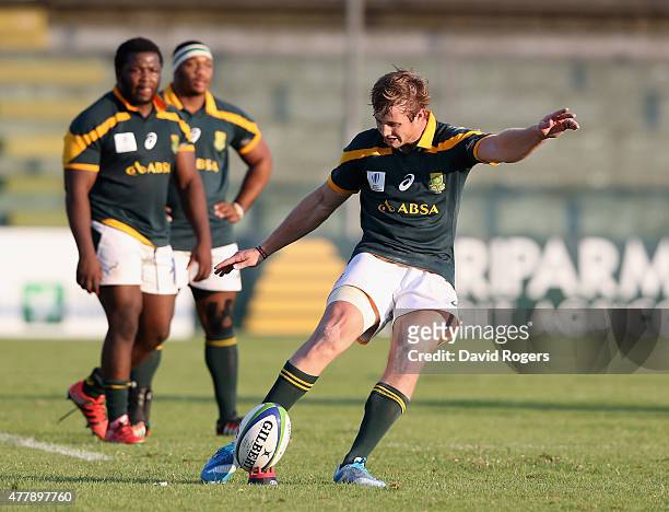 Brandon Thomson of South Africa kicks a penalty during the World Rugby U20 Championship 3rd Place Play-Off match between France and South Africa at...