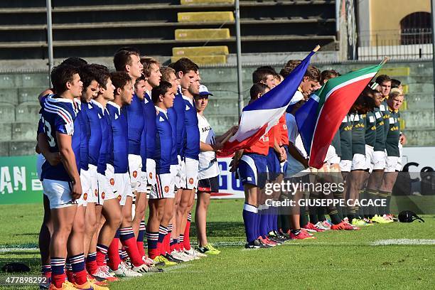 France players line up for the anthems ahead during the World Rugby Union U20 Championship, 3rd place Play-off match between France and South Africa,...