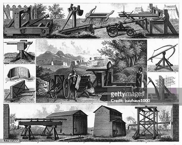 ancient military weapons and war machines engraving - catapult stock illustrations