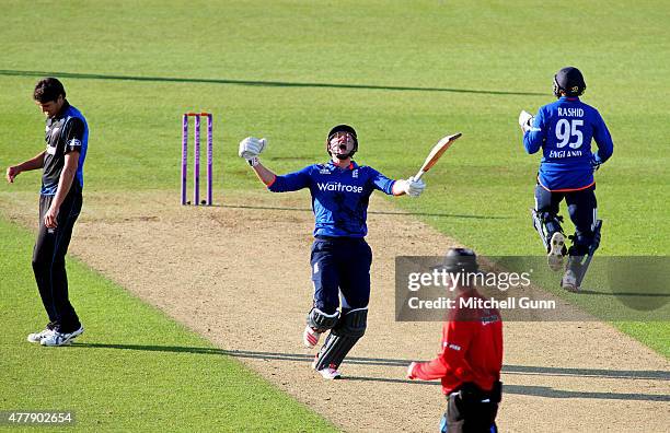 Jonathan Bairstow of England celebrates hitting the winning runs during the fifth ODI Royal London One-Day Series 2015 between England and New...