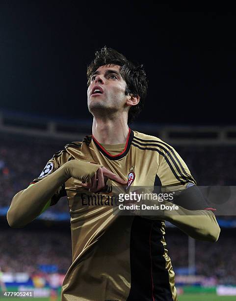 Kaka of AC Milan celebrates after scoring Milan's first goal during the UEFA Champions League Round of 16 second leg match between Club Atletico de...
