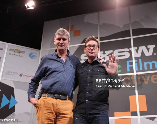 Author Steven Johnson and Biz Stone, CEO of Jelly speak onstage at "Biz Stone in Conversation with Steven Johnson" during the 2014 SXSW Music, Film +...