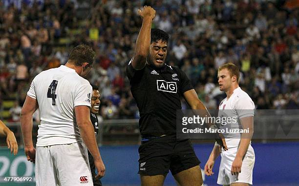 Akira Ioane of New Zealand celebrates after scoring the try during the World Rugby U20 Championship final match between England and New Zealand at...