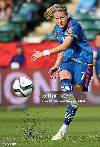 Lisa Dahlkvist of Sweden in action against Australia during the Women's World Cup 2015 Group D match at Commonwealth Stadium on June 16, 2015 in...